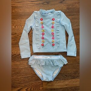 Boden Light Blue Seersucker Floral Rashgaurd Set - Size 2-3y